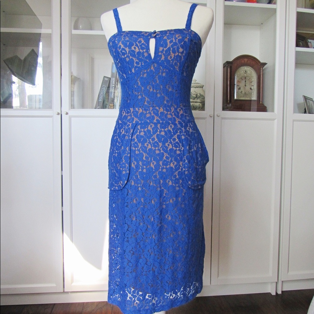 NWT Express Blue and Tan Lace strap Sheath Dress